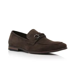 Ferro Aldo Demitri moc-toe penny loafers with decorative buckle, in Chocolate Suede, Men's Size 6.5 - 13