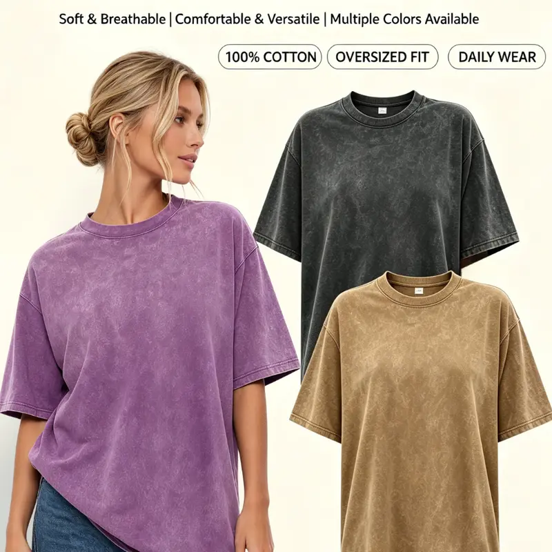 Women's 3-Pack Cotton Basic T-Shirts - Baggy, Comfy, Crew Neck, Vintage Acid Wash/Graphic Prints, Plus Size, All Seasons Casual Streetwear, Foldable, Gentle Cycle Safe, Bottoms-Friendly