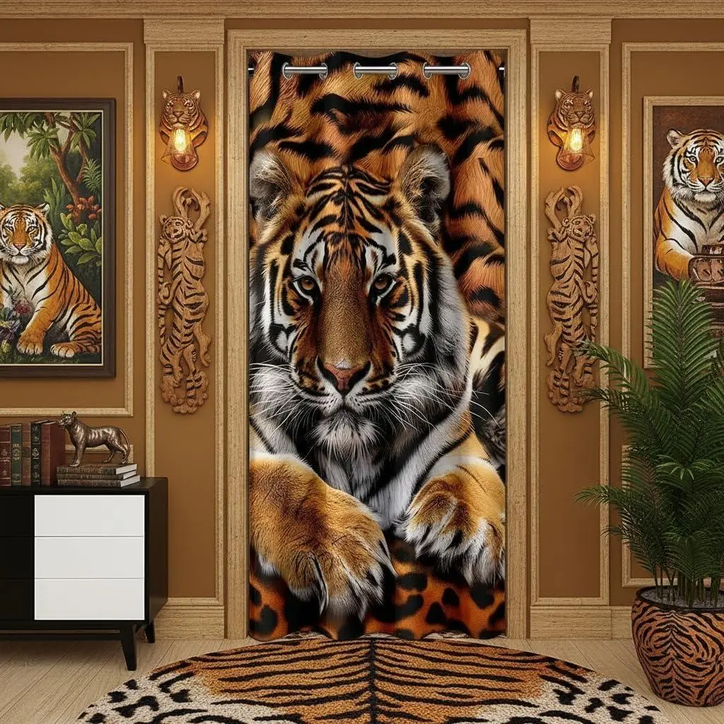 Tiger Door Curtain,3D Tiger Wild Animal Pattern Blackout Curtain Bedroom Doorway Living Room,Cool Safari Big Cat Privacy Door Drape 1 Panel