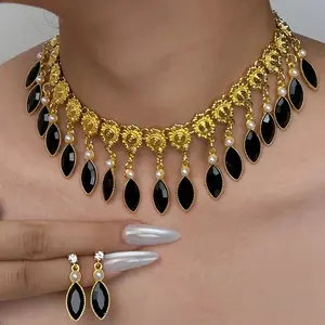 Female Boho Vintage Gold Filigree Elegant Matching Jewelry Set, Hypoallergenic Marquise Shape Geometric Drop Earrings, 4 Color Options for Festivals, Weddings