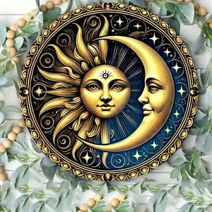 Aluminum Sun Moon Sign 8x8 Inches Round Artistic Wall Art Solar Lunar Decor Decoration for Home Bar Cafe No Electricity Needed