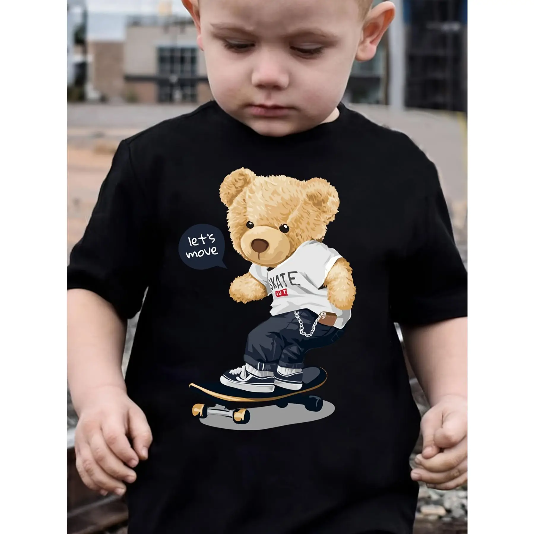 Boys' Summer Fashion T-Shirt - 'Let's Move' Cool Bear Skateboard Print, Cute Short Sleeve Casual Top for Youngsters