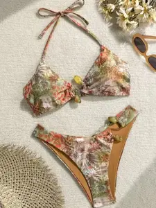 Boho Floral Print Two-Piece Swimsuit Set, Backless Knot Tie Design, Summer Beach Vacation Wear, twist backless bikini, Fashionable Swimwear for Women, Swim Top Set