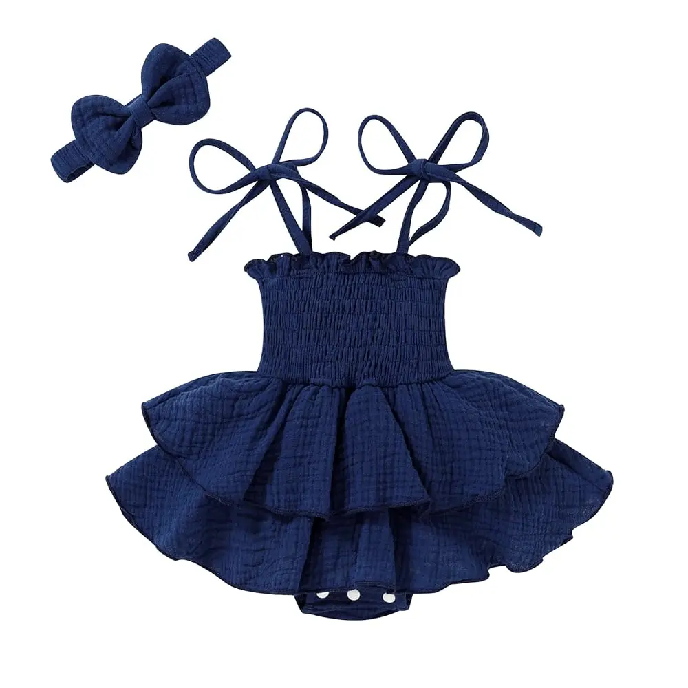 Baby Girl Clothes Infant Summer Romper Dress Sleeveless Bodysuit Jumpsuit with Headband Toddler Outfits blue dress girl wedding