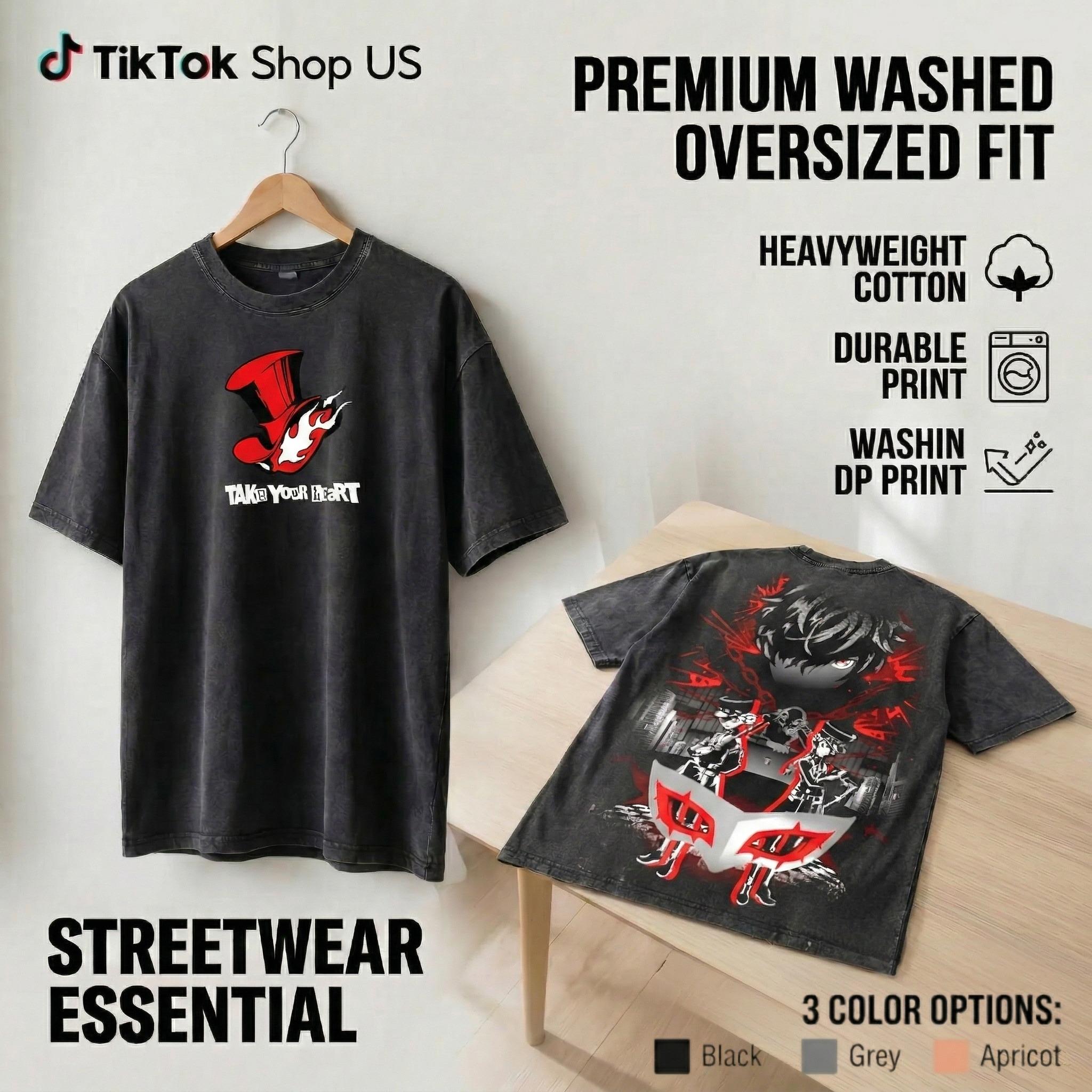 Persona 5 Take Your Heart T-Shirt Game Retro Vintage Oversized Tee – Y2K Unisex Acid Wash Two Side Graphic TankTop, Top Trendy Streetwear Gym Shirt For Movie Gamer Fans