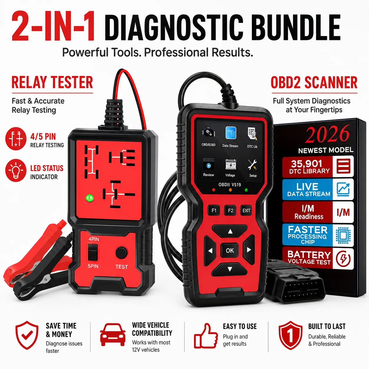 V519 2-in-1 Automotive Diagnostic Kit, OBD2 Scanner Code Reader & 4-Pin 5-Pin Relay Tester, Live Data, I/M Readiness, DTC Lookup, Battery Voltage Test for 12V OBDII Vehicles