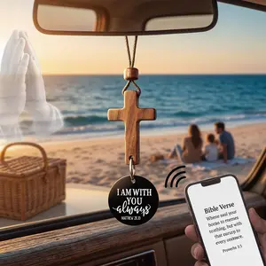 Handmade Wooden Christian Cross Car Hanging Ornament with NFC Daily Bible Verse, “I Am With You Always” Scripture Pendant, Rearview Mirror Charm, Inspirational Faith Gift for Men Women, Backpack Decor, Black