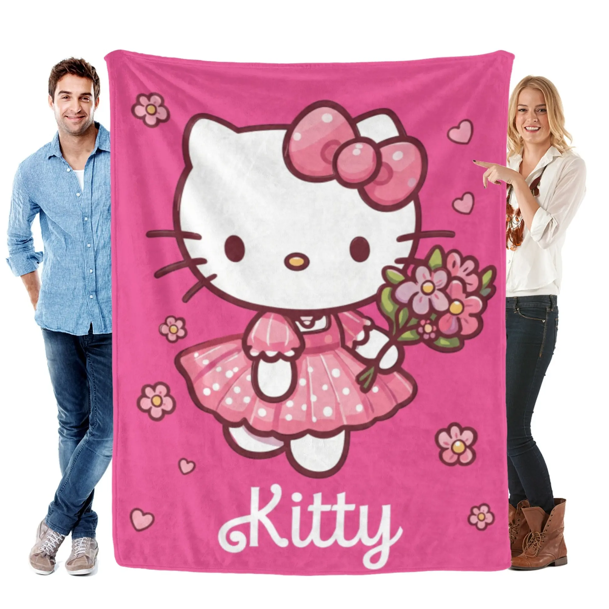 [SummerVibes] SANRIO Hello Kitty Soft Flannel Throw Blanket, Vibrant Pink Kawaii Floral Bow 2D Print, Cozy Sofa Bed Decor for Girls, Women & Fans