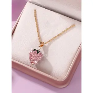 Charming Pink & Red Strawberry Pendant Necklace For Women, Whimsical Fruit-Inspired Jewelry Perfect For Daily Wear, Festivals, Or Gifting