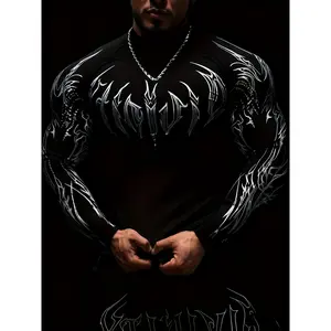 Men'S High-Neck Fitted Sports Long-Sleeve Compression Quick-Dry Top, Featuring a Geometric Muscle Line Design, Suitable for Year-Round Workouts And Everyday Wear, Available in Black, Gray, And Color-Block Styles, Ideal for Fitness Training, Running