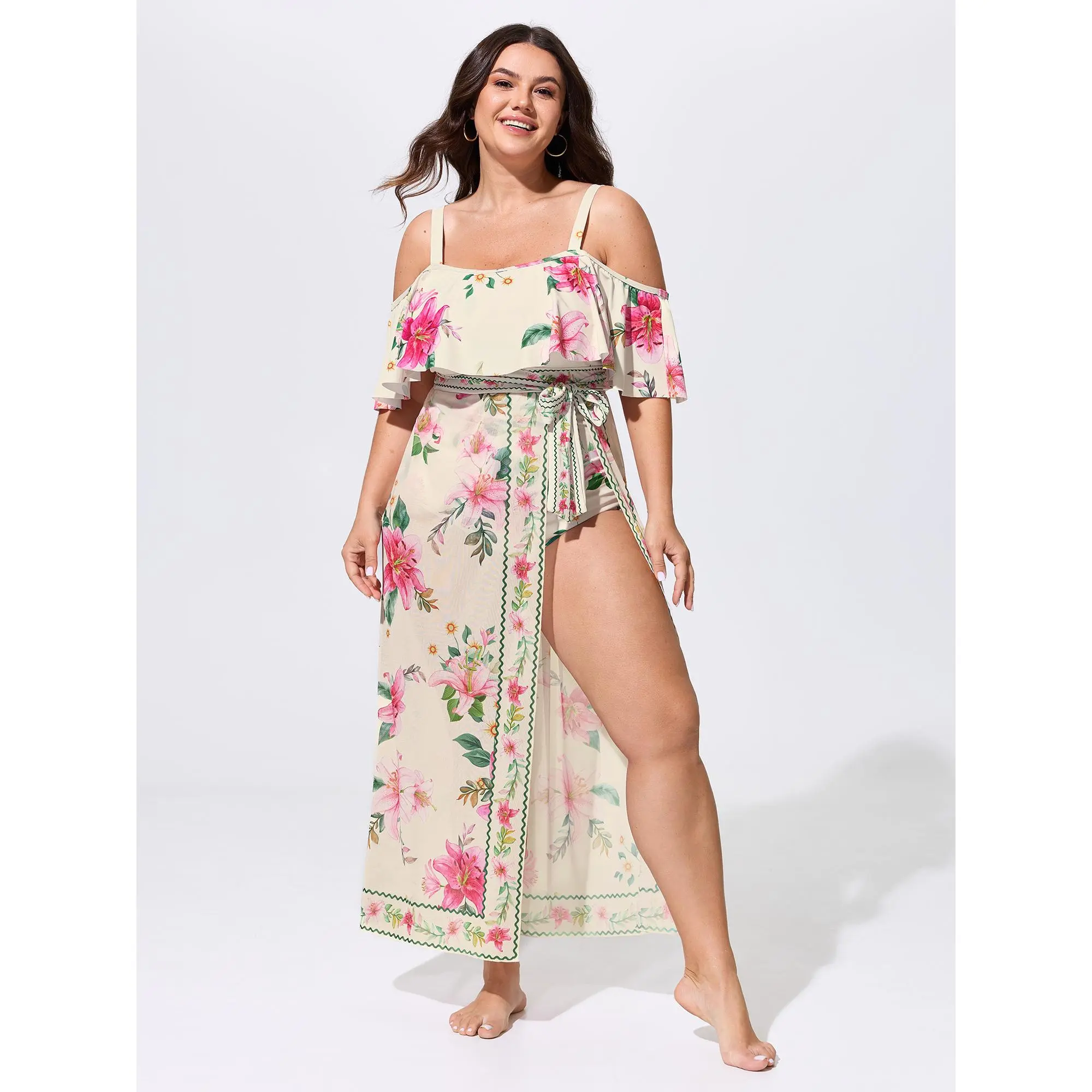 BLOOMCHIC Plus Size Sarong Set Floral Print Off-Shoulder One-Piece Summerfinds