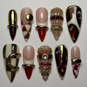 Vintage Luxe Tortoiseshell Press On Nails, Deep Cherry French Tips, Gold Chrome Ring Details, Layered Gem Accent Art, Glossy Almond Luxury Handmade Press On Nails, Old Money Statement Gift for Her