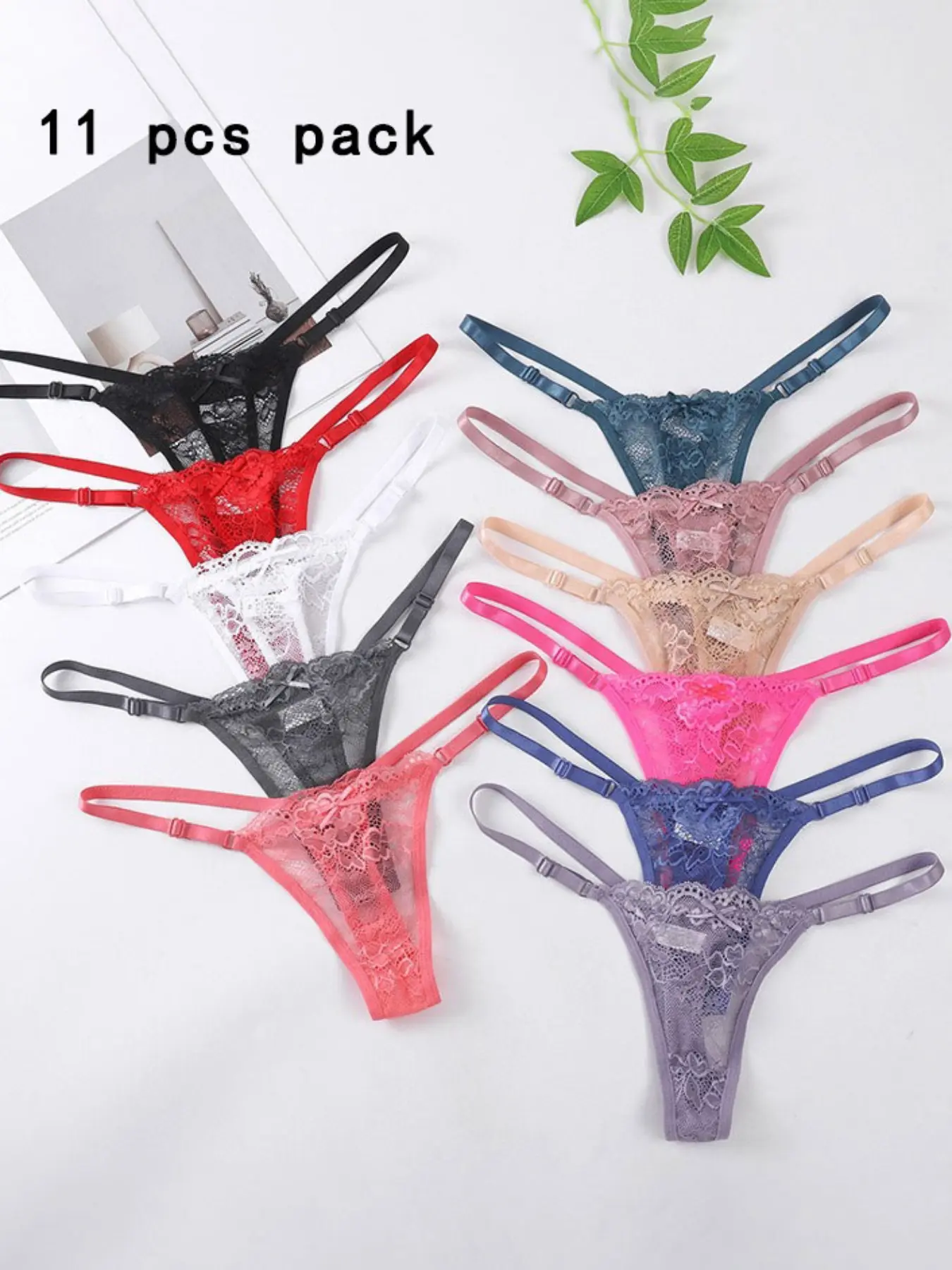 11 Pack Women's Lace Thong Panties Set, Knicker Set, Fitted Knickers, Lingerie, Fitted Lace Panties, Soft Minimalist Panty, Adjustable Waistband, Plain Pattern, Multiple Colors Available, Comfortable Underwear, Women Sexy String, Feminine