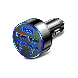 Car Charger with Digital Display & Atmosphere Light - QC3.0 Fast Charging Adapter for 6 Devices - 100W Max Power - USB-C Multiport Car Charger for Huawei, OPPO, Oneplus, iPhone, Samsung, Vivo, Google