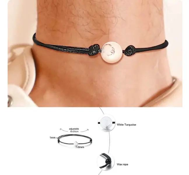 B114- Men’s Black Anklet Bracelet With White Turquoise!