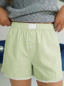 Women's Green Gingham Plaid Boxer Shorts High Waist Lace Trim Button Down Casual Sleep Shorts