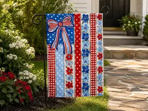 Patriotic Garden Flag, Red White Blue Floral Bow Yard Decor, Cute Gingham Summer Porch Gift For Mom Family Housewarming Outdoor Flag