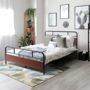 CAPHAUS Round Corner Metal Bed Frame with Modern Wood Headboard and Footboard, Mattress Foundation, Metal Platform Bed with Premium Steel Frame, Noise-Free, No Box Spring Needed, King Size, Walnut