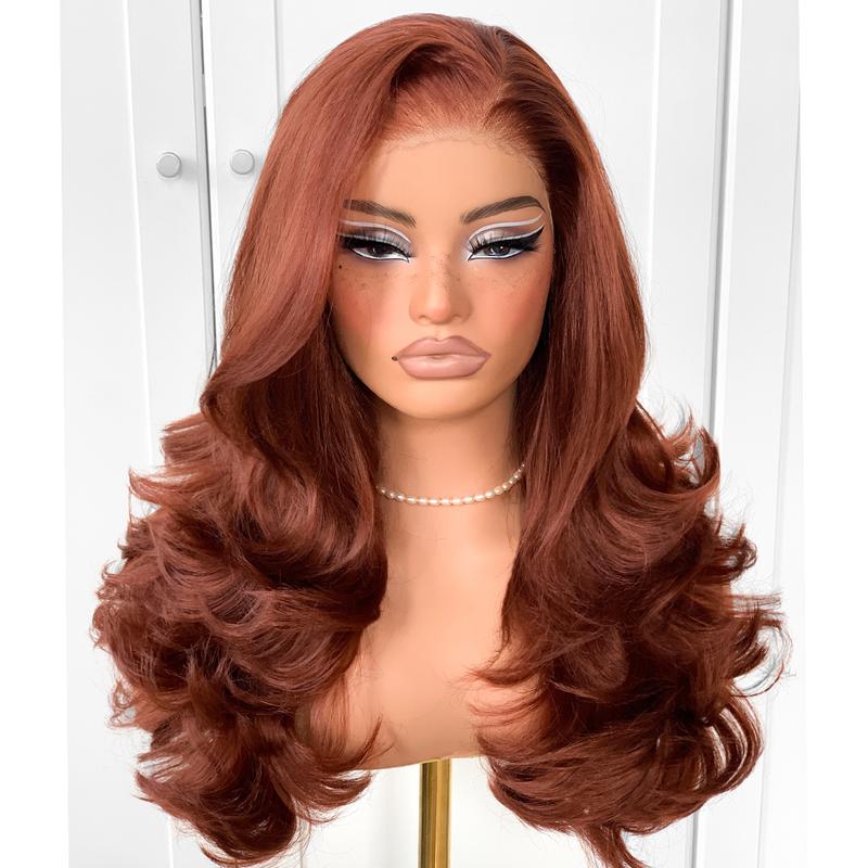 Feather Layered Hair Pre Plucked Cuting Style Long 13x6 Synthetic Lace Front Wig Wear and Go Glueless Natural Hairline Burgundy Blonde Black Wig