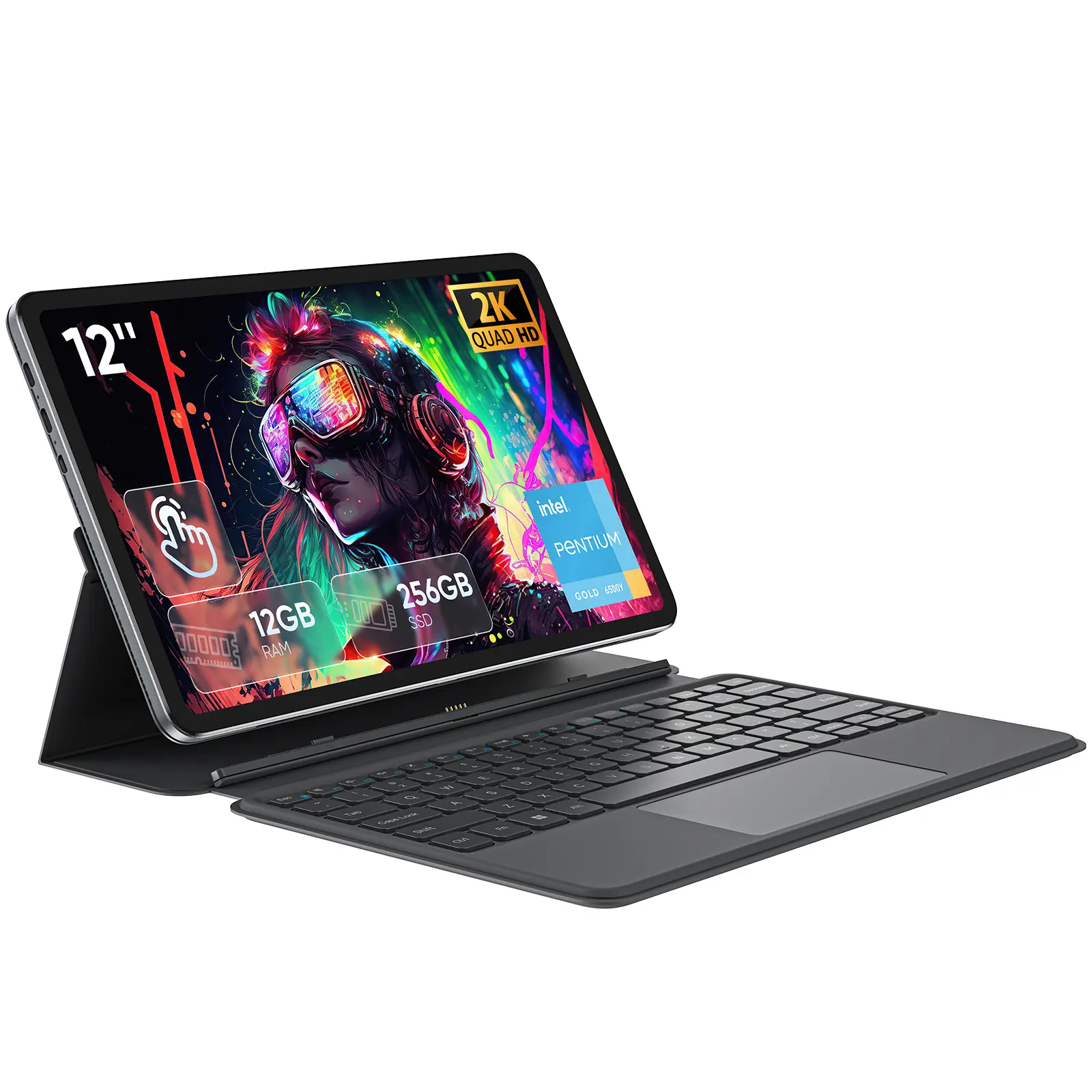 2-in-1 Tablet Laptop with Optional Magnetic Keyboard Intel Pentium Gold 6500Y 12GB RAM 256GB SSD 12" 2000×1200 IPS Touchscreen WiFi 5 Bluetooth 5.0 Portable Computer for Students, Work & Travel