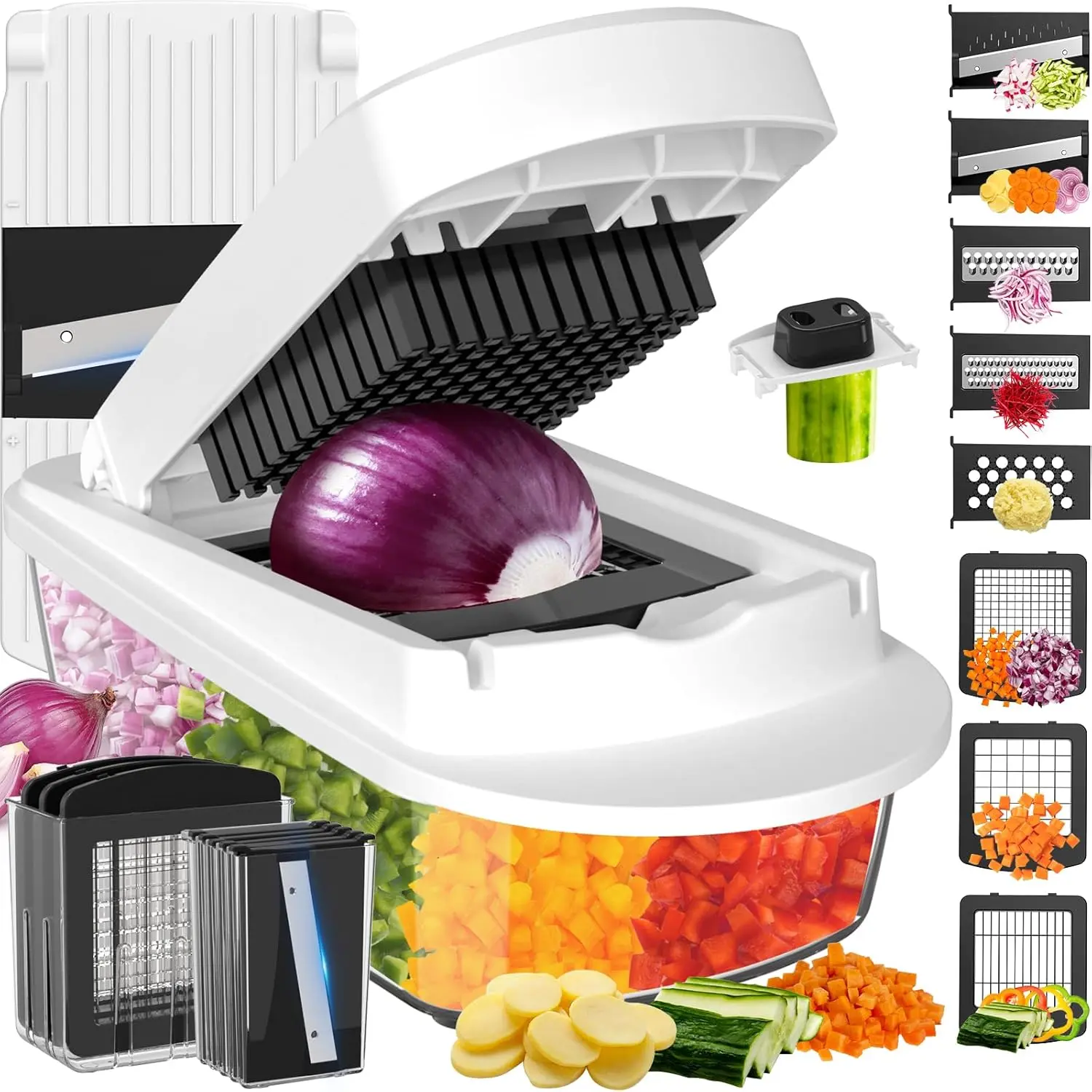 8-Blade Stainless Steel Smooth Plastic Sturdy All-in-1 Vegetable Chopper Mandoline Slicer with Container - Kitchen Essential Gadget for Chopping, Salad Prep, White