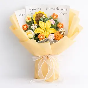Graduation Gift Handmade Crochet Flower Bouquet with Sunflowers, Colorful Soft Aesthetic Arrangement with Greeting Card, Birthday Anniversary Gift for Her Girlfriend Wife Friend, Decorative Home Décor