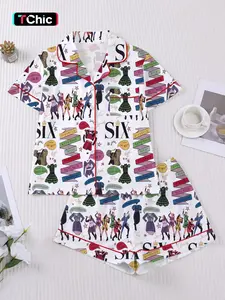 Women's Sleepwear Set, Short Sleeve Lapel Button Soft Top & Elastic Shorts, Casual Home Wear, Fashionable Daily Clothing