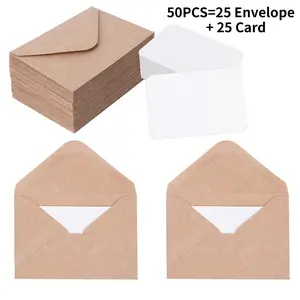 50 Pieces (25 Envelopes + 25 Cards) Vintage Mini European Style Kraft Paper Envelope Set Handwritten Blank White Cards & Postcard Envelopes Stationery Office Supplies