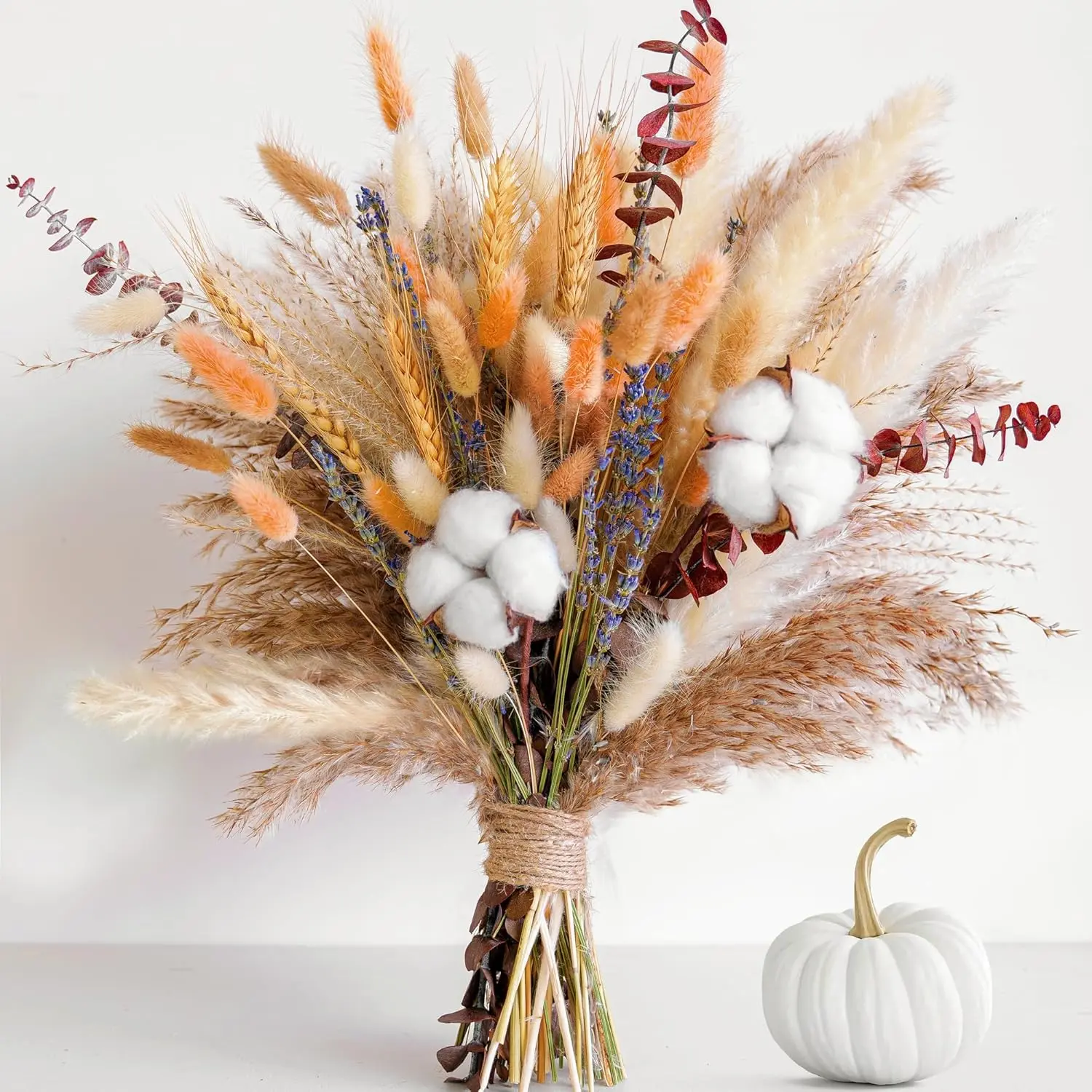 Fall Dried Flower Bouquet | Boho Autumn Decor with Pampas Grass, Cotton & Orange Bunny Tails | Dried Floral Arrangement for Home, Mantel, Vase & Porch Kocat