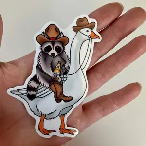 Cowboy Raccoon On A Goose With A Beer | Funny Raccoon sticker, Laptop Water Bottle Decal Sticker