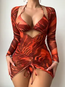 Sexy Leaf Print Halter Bikini Set, Swimsuit Style Bikini, Three-Piece Beach Vacation Swimsuit, Ruched Halter Swimsuit, Adjustable Straps, Summer Swimwear for Women
