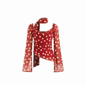 Cider Chiffon Cowl Neck Polka Dot Pleated Long Sleeve Blouse With Scarf