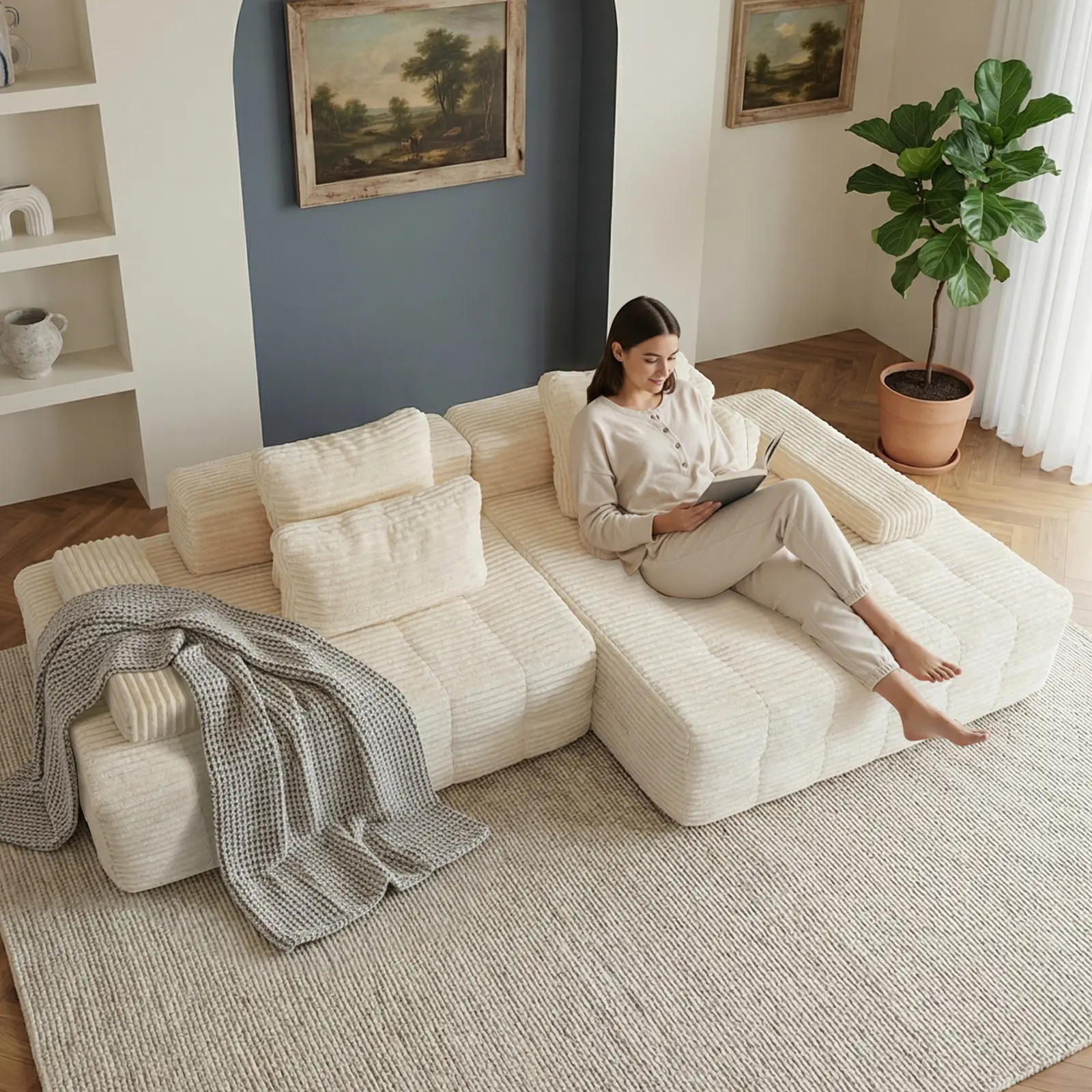 【Father's Day】114" Minimalist Modular Cloud Sofa Sectional - L-Shaped Modern Indoor Living Room Sectional Couch, Soft Corduroy Fabric, Fluffy Memory Foam Filling, Adjustable Arms, 400 lbs Capacity, No Assembly Required, Pet-Friendly, DealsForYouDays