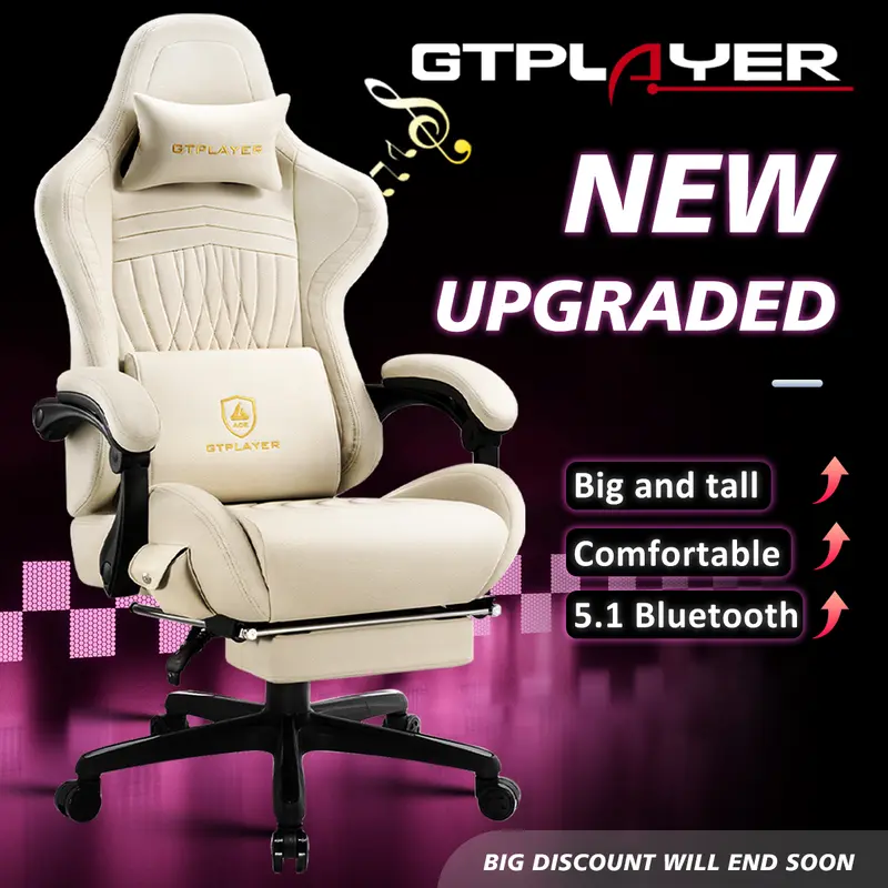 GTPLAYER Modern High-Back Ergonomic Gaming Recliner Chair - Leather-Metal Build, 150° Recline, Curved Back, Linkage Arms, Footrest, Bluetooth Audio, Springtok Surround Sound, Rolling, Memory Foam Lumbar, Gaming-Work-Study Ready Indoor Furniture