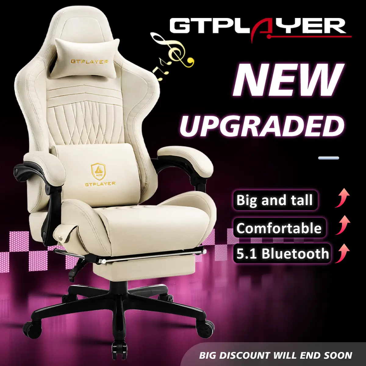 GTPLAYER Gaming Chair, Computer Chair with Footrest and Bluetooth Speakers, High Back Ergonomic Gaming Chair, Leather, Springtok Surround Sound