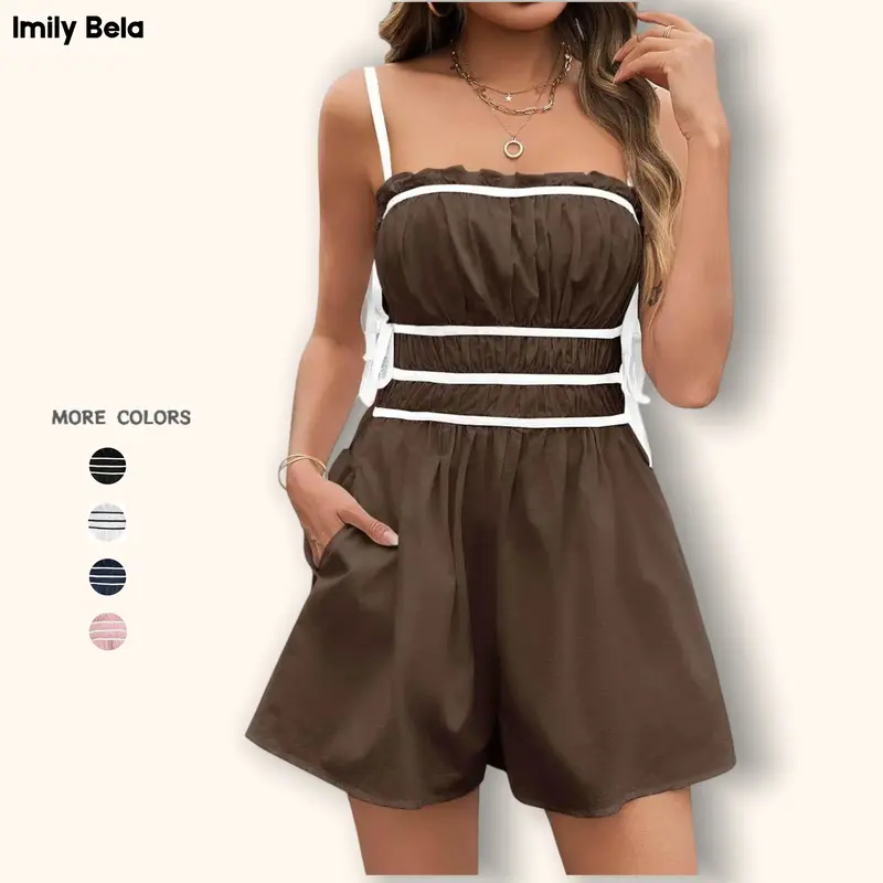 Imily Bela  Womens Summer Spaghetti Strap Romper Sleeveless Ruffle Color Block Short Jumpsuit Smocked Vacation Beach Outfits