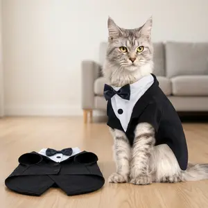 Cat Tuxedo Bodysuit with Bow Tie - Formal Costume for Halloween, Wedding, Birthday, Adjustable Onesie for Small Cats, Cute Photo Prop