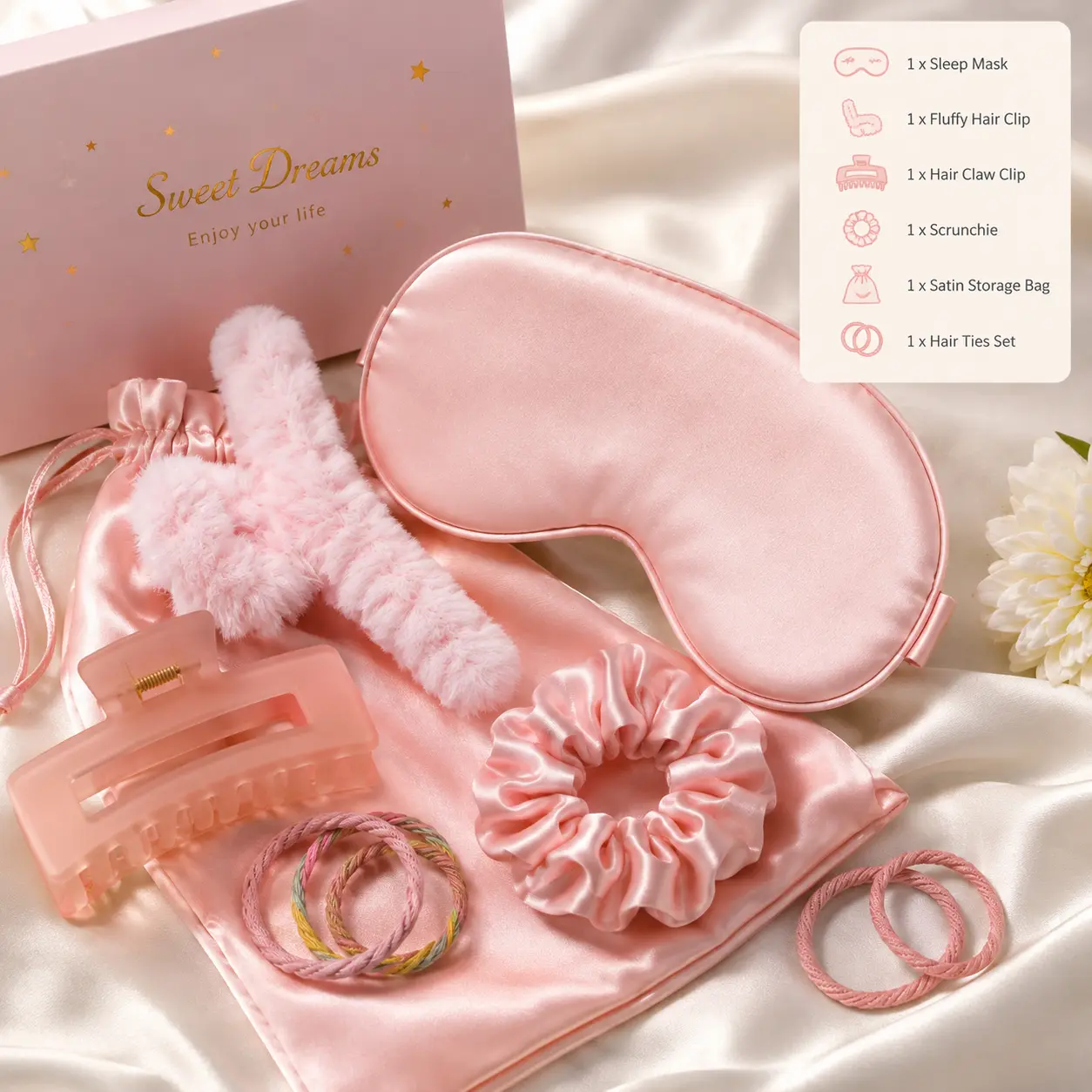 Sweet Dreams Soft Satin Sleep Mask Set with Fluffy Hair Clip, Hair Claw Clip, Scrunchie, and Satin Storage Bag in Pink, Champagne, Lavender, Black, Leopard