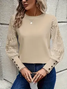 Women's Casual Lace Crochet Lantern Long Sleeve Shirt, Spring Fall Loose Crewneck Blouses Tops