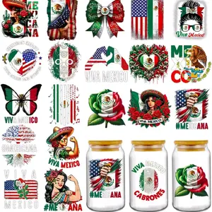 NK Envolturas de vasos UV DTF – 20 hojas de vaso UV DTF del Día de la Independencia mexicana para vaso de 16 onzas, calcomanías de transferencia de flores de mariposa roja y verde Viva México