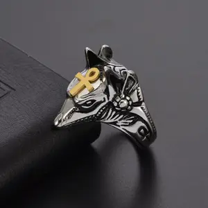Titanium Steel Anubis God Self-Defense Window Breaking Vintage Men's Ring Ancient Egyptian God of Death Wolf Tooth Ethnic Style Ring