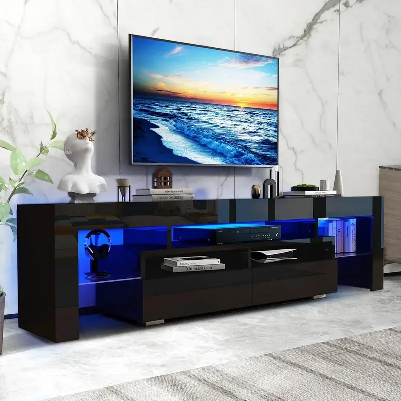 63-Inch Storage TV Cabinet with Multi-Color LED Lighting Strips Modern TV Support Shelf Organizer for Living Room