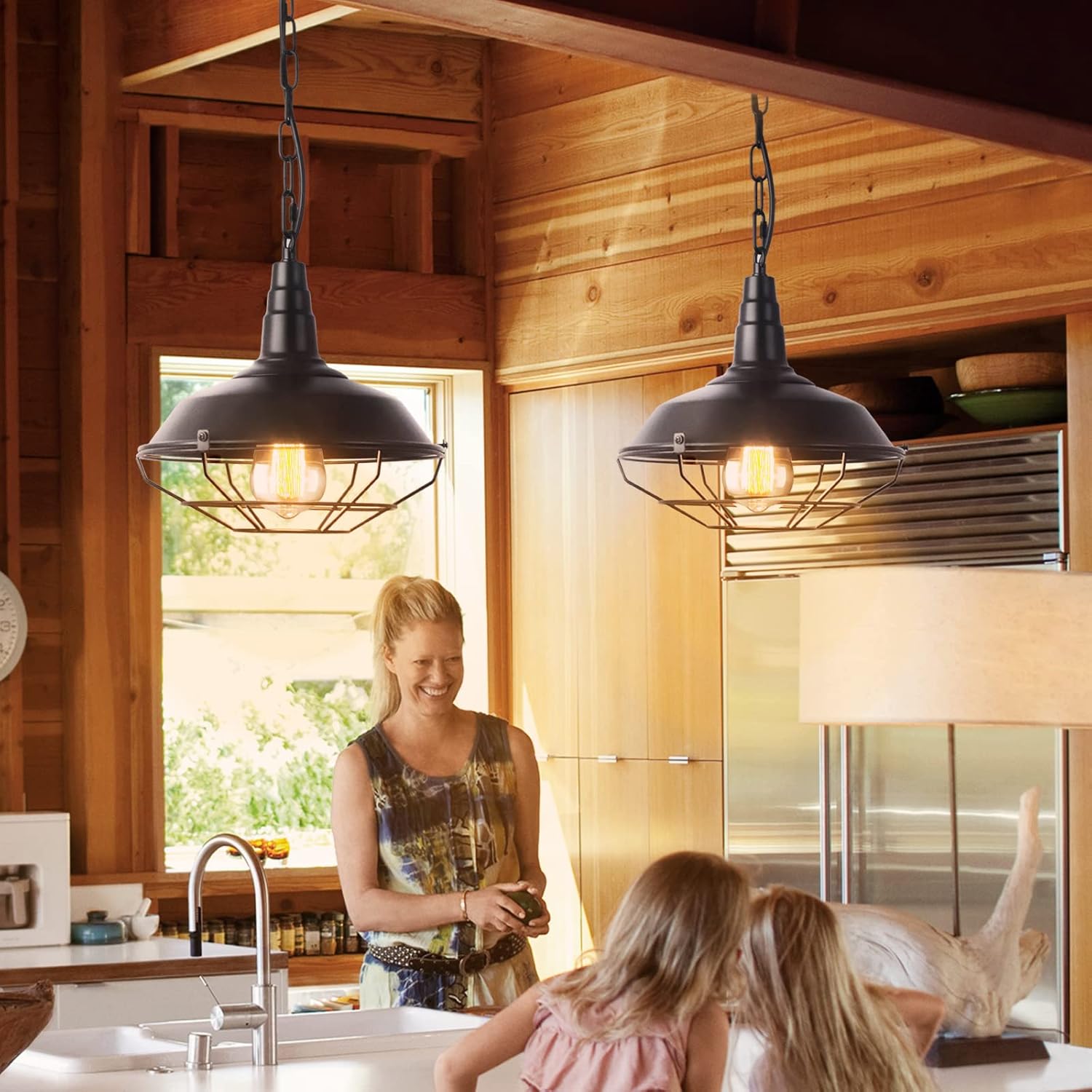 Black Farmhouse Pendant Light, 2 Pack Industrial Vintage Metal Wire Cage Hanging Light with Adjustable Chain for Kitchen Barn Hallway Porch Dining Room