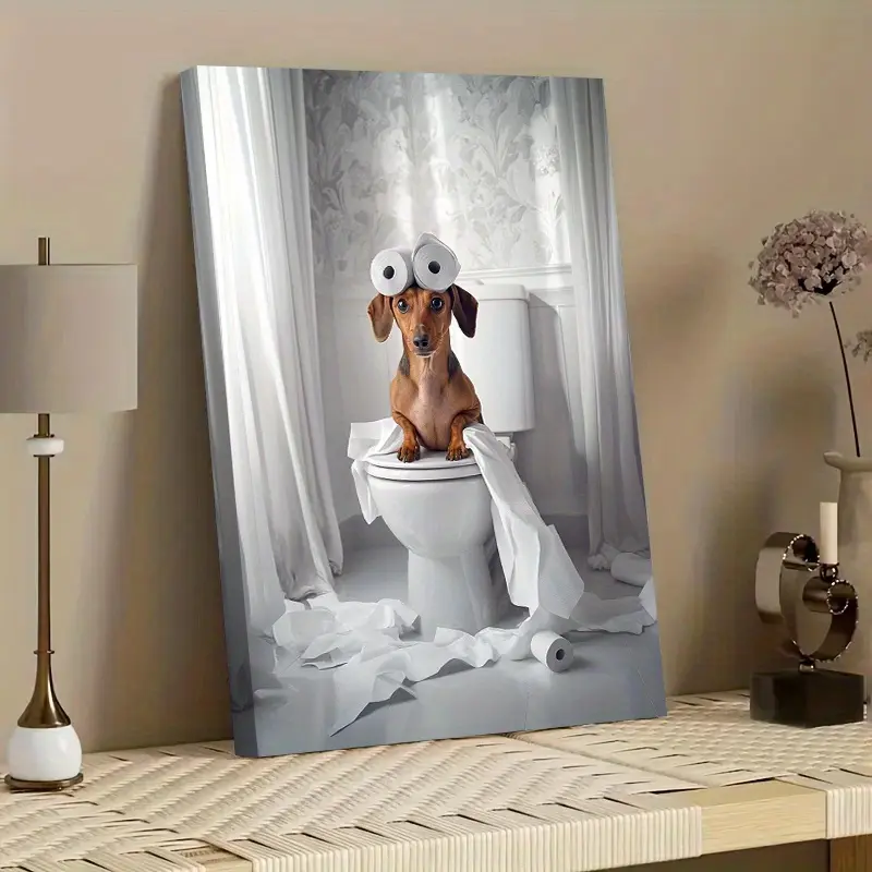 1 Piece 2D Flat HD Print, Cute Dachshund Sitting on Toilet Fun Canvas Painting, Framed Canvas Painting and Poster, Can Be Hanged Directly, Home Decoration, Wall Art, Room Decoration, Ideal Gift, Living Room, Bedroom, Dining Room, Office Decoration