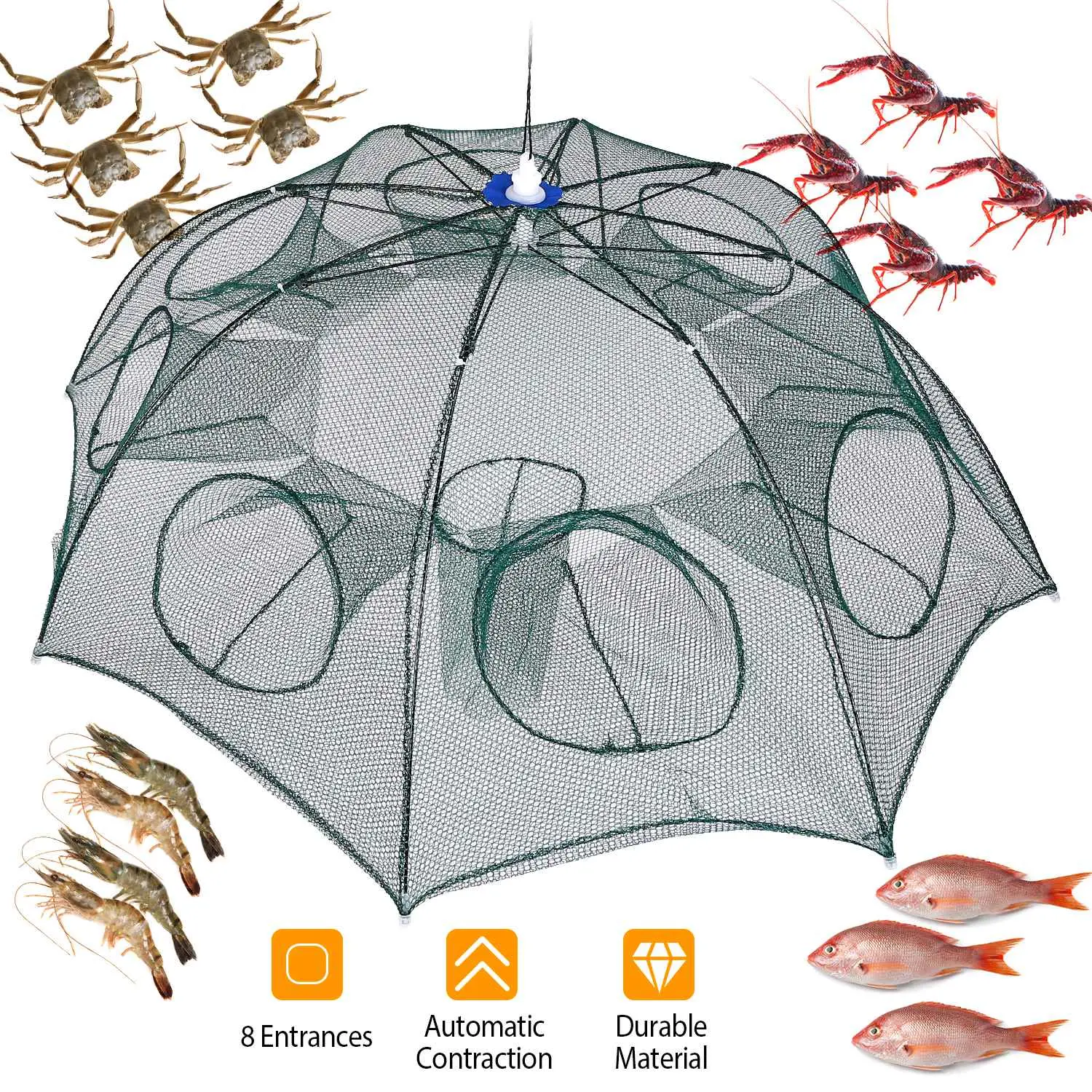 Automatic Folding Fishing Bait Trap, Umbrella Style Nylon Net with 8 Entrances for Crab & Shrimp Capture, 95x95x40cm, Crab Capture, Umbrella Shape, Durable Material, Convenient, Easy To Use, Foldable Design, Nylon Mesh