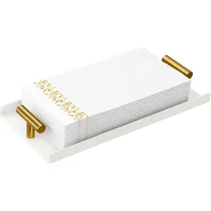 Napkin Holder for Bathroom, Guest Towel Holder Tray, White Guest Napkin Holders with Golden T-Handle, Disposable Hand Towel Tray for Guest Room, Table, Kitchen