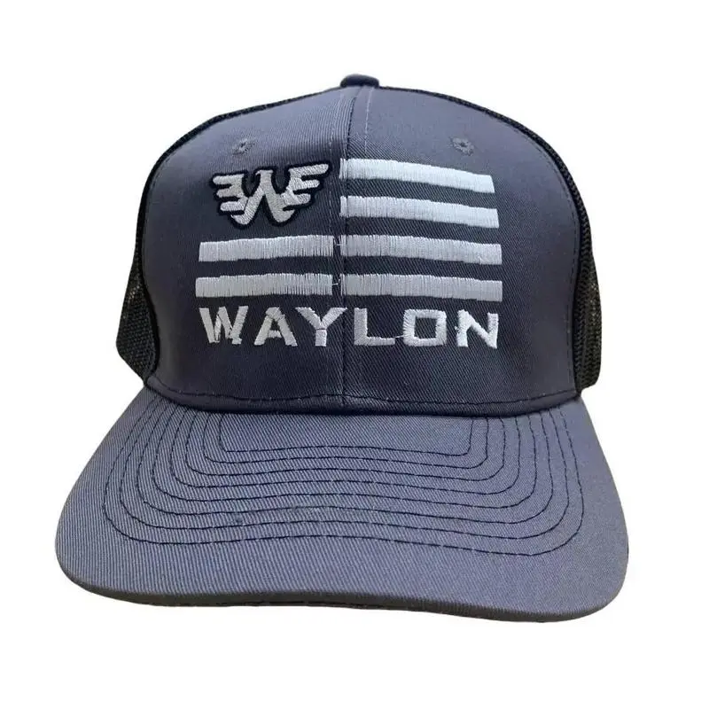 Waylon Jennings Flag Trucker Hat – Outlaw Country Snapback Cap with Winged W Logo & Striped Embroidery, Retro Mesh Back for Men & Women