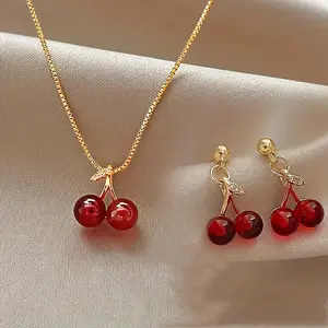 Fashion Women's 3pcs Jewelry Set - Stainless Steel Cherry Pendant Necklace and Earrings, Non-Fading, Suitable for Casual Attire