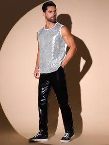 INSPIRE CHIC Sequin Tank Top for Men's Patchwork Sleeveless Party Night Out Sparkle Vest