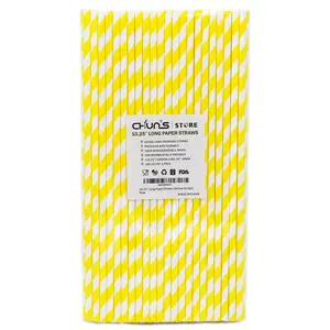 Yellow White Striped Paper Drinking Straws, 10.25 Inch Long, 0.24" Dia. - For Cocktail, Soda, Tall Bottles - 100 PCS